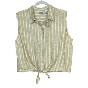 Vintage Chico's Design Striped Tie Front 100% Linen Sleeveless Button Up Size XL
